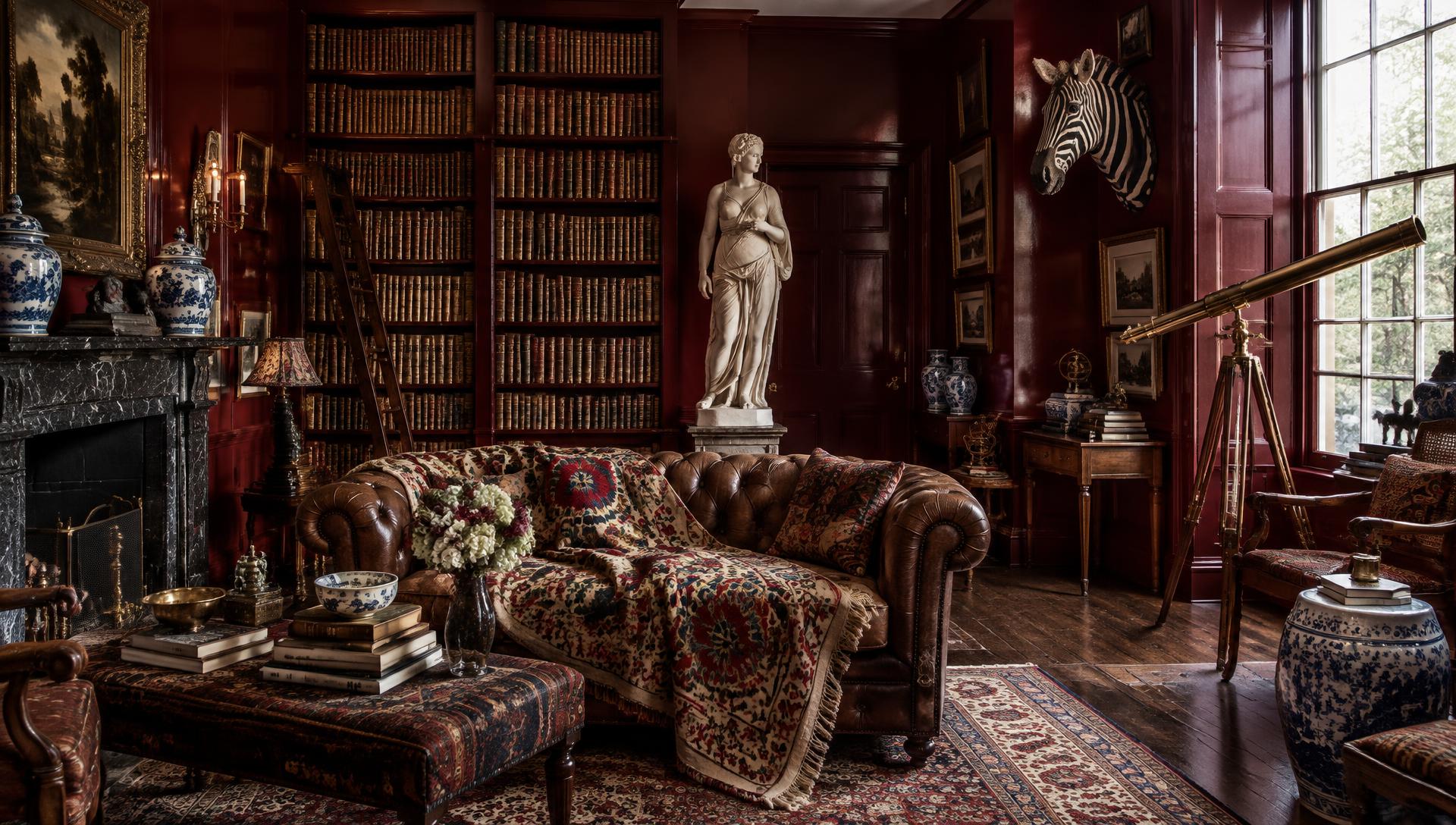An oxblood library: a marble figure, a zebra head, a suzani over a leather chesterfield and a brass telescope.