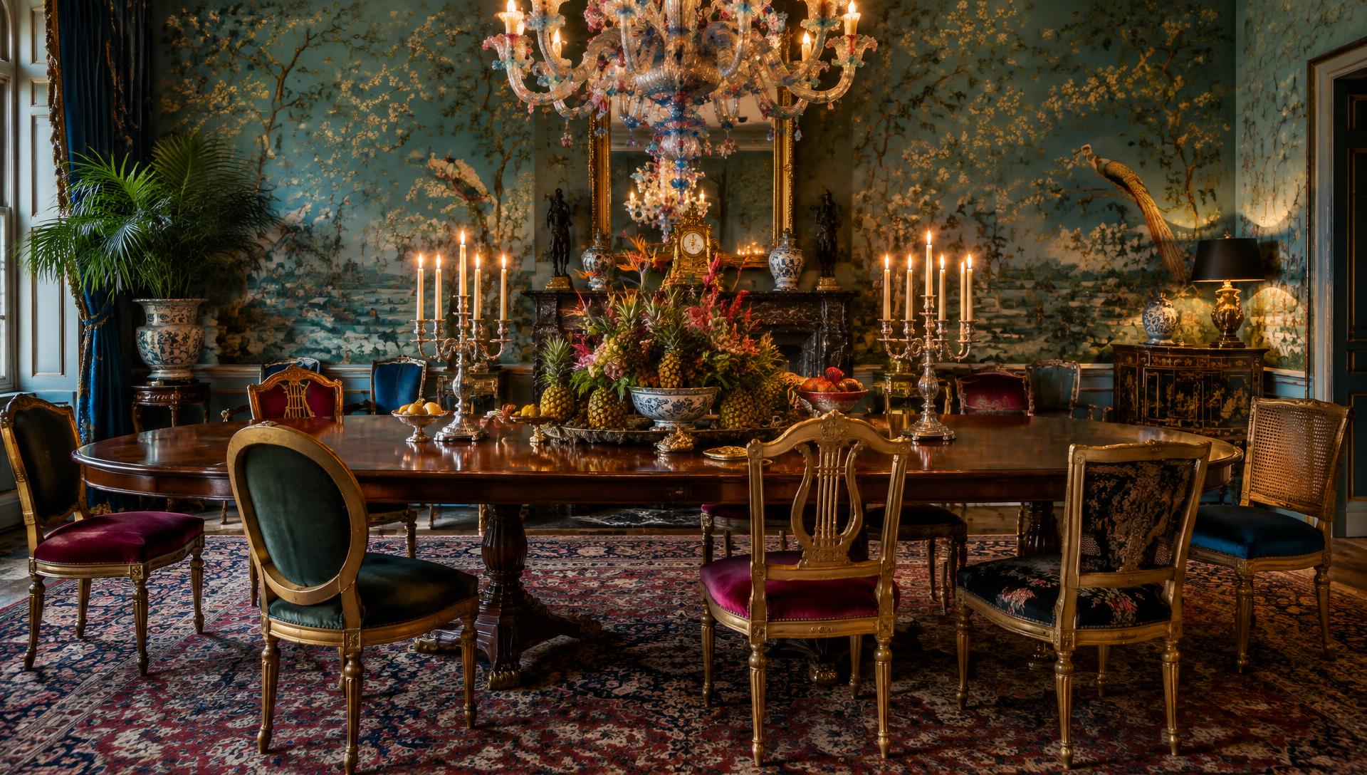 A candlelit dining room papered in chinoiserie, with gilt chairs and a centrepiece of pineapples.