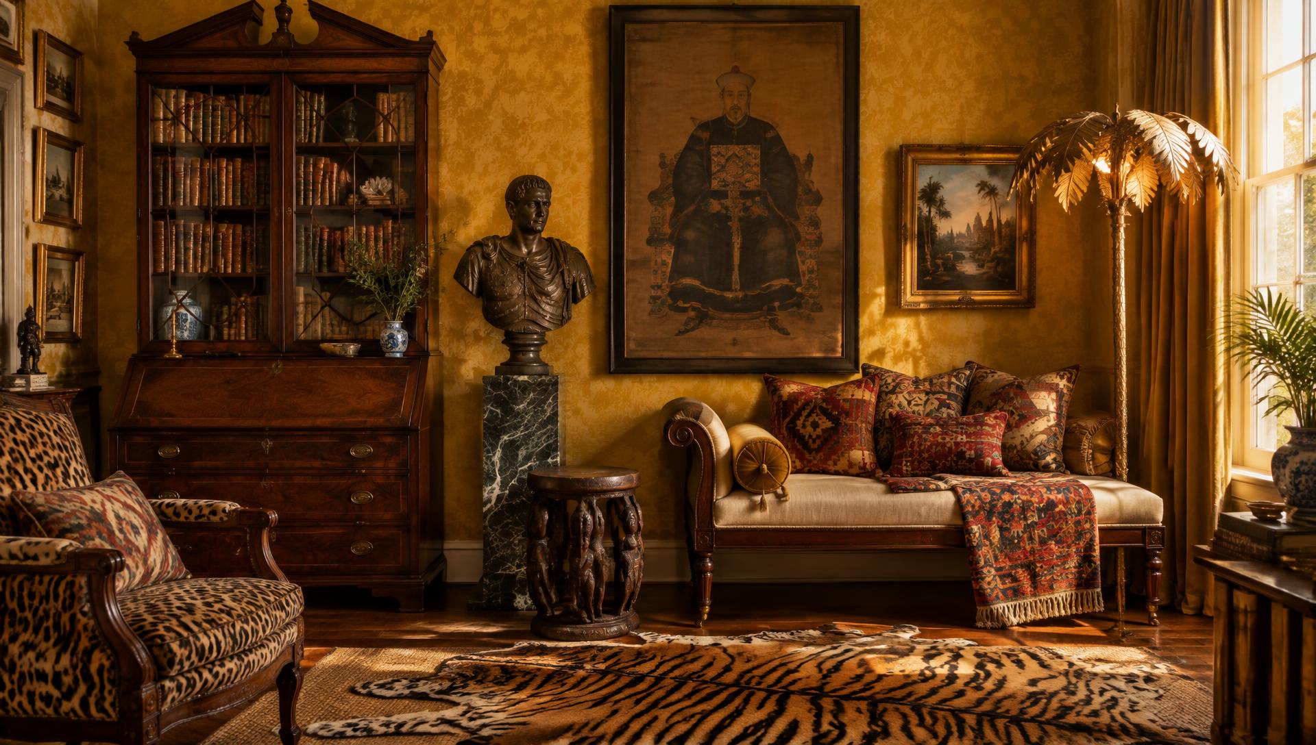A mustard damask corner with a Georgian bureau bookcase, a bronze emperor and a Chinese ancestor portrait.