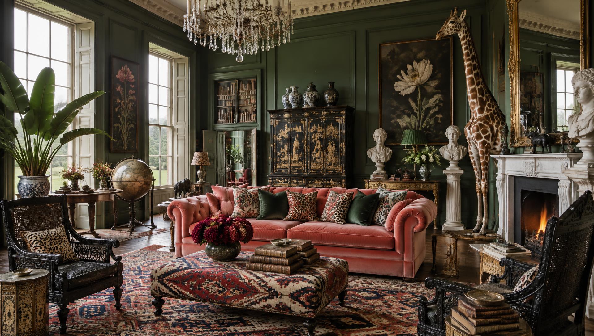 A room at Heir & Spare: a mahogany library table, marble urns and a giltwood mirror against a bottle-green wall.